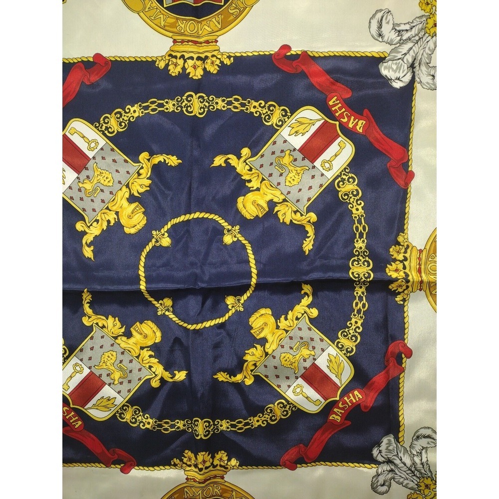 Basha Vintage Heraldic Print Scarf Hand Roll 30 in W X 30 in L Shield, Lion Gold - Picture 6 of 10